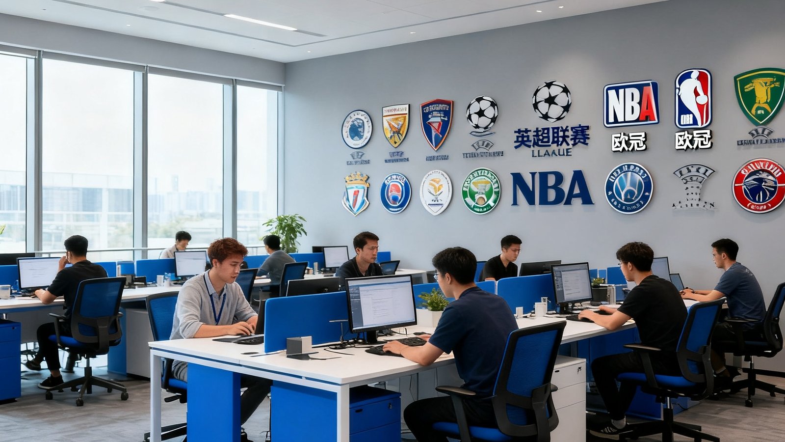 看个球公司总部开放式办公区，数十名工程师和内容编辑在宽敞明亮的空间里协作，墙面上挂满了各大体育联赛的授权标识