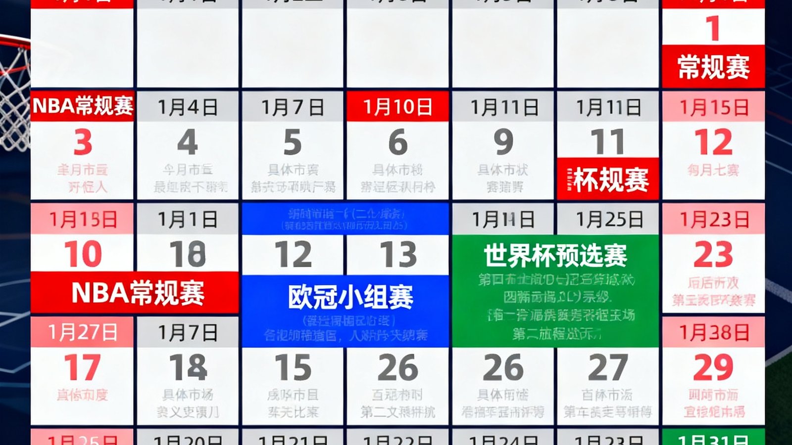 2025年1月完整赛程日历，包含NBA常规赛、欧冠小组赛和世界杯预选赛的关键比赛日期，以网格化日历形式清晰展示每日赛事安排